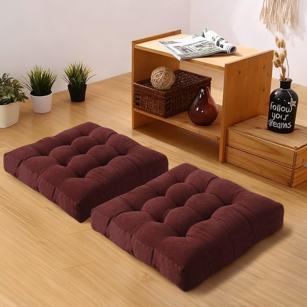 Floor Pillows Set Square Chair Cushion Pad Tufted Seat Cushions for Living Room Balconies Office Wine Red 18x18in