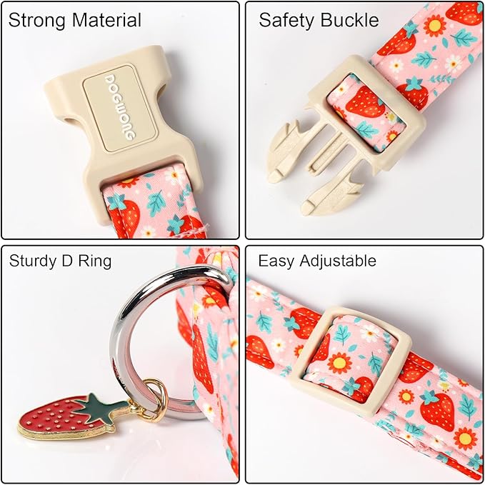 DOGWONG Cute Dog Collar- Strawberry Dog Collars Adjustable Designer Strawberry Flower Puppy Dog Collar for Small Medium Large Dogs XS