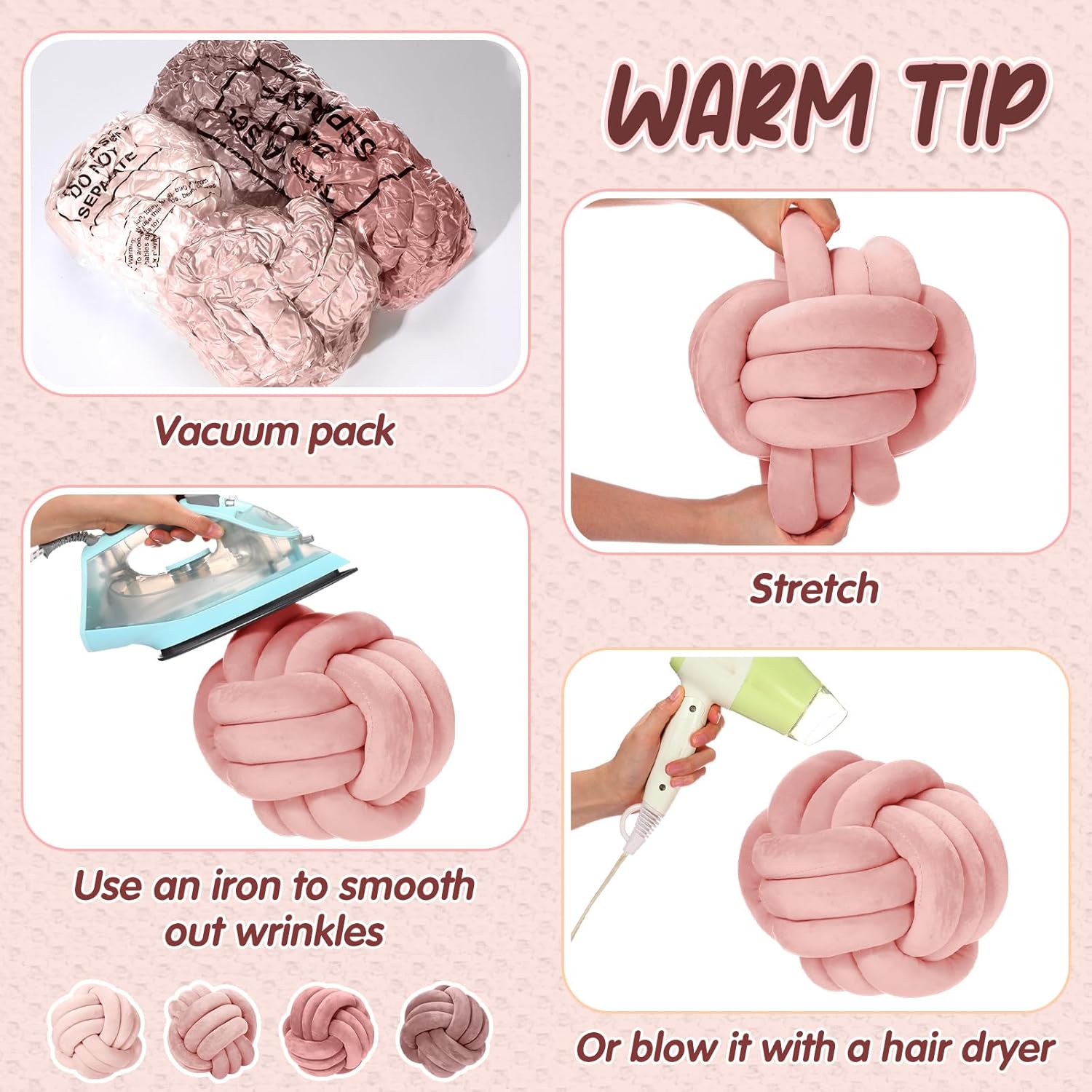 Yerliker 4 Pcs Knot Pillow Ball, 8.7 Inches Soft Home Decorative Round Throw Pillow Handmade Knotted Plush Accent Cushion Gifts for Nursery Decor Home Bed Sofa Bedroom Decoration