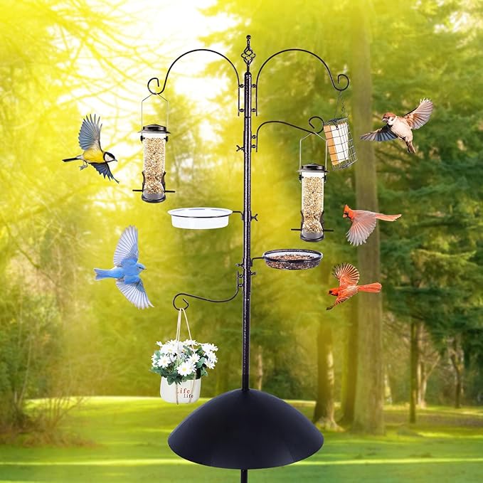 Backyard Expressions Heavy Duty Bird Feeding Station Kit w/Squirrel Baffle - 90" Bird Feeder Pole with 5 Prong Base, Suet Feeder, Mesh Feeding Tray, 4 Feeder Hooks, Water Dish - Black w/Gold Fleck