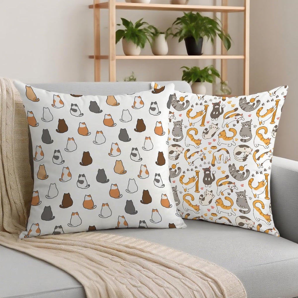 2 Pcs Throw Pillow Cover Lovely Multicolor Cartoon Cats Decorative Throw Pillow Case, Cartoon Geometric Kitten Square Decorative Cushion Cover for Couch Sofa Bedroom Living Room Office Home Decor