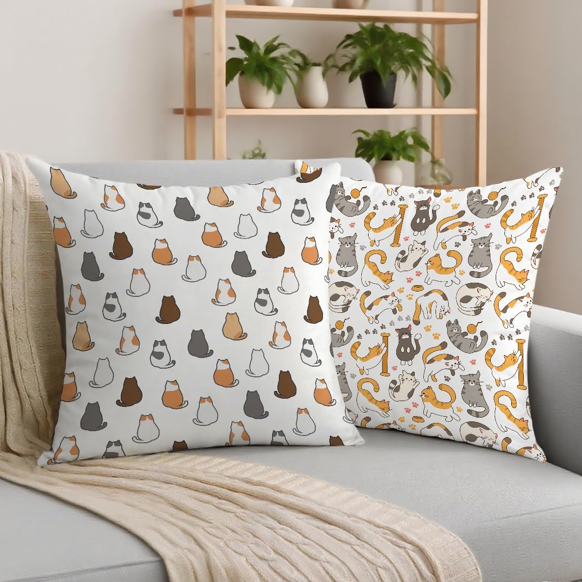 2 Pcs Throw Pillow Cover Lovely Multicolor Cartoon Cats Decorative Throw Pillow Case, Cartoon Geometric Kitten Square Decorative Cushion Cover for Couch Sofa Bedroom Living Room Office Home Decor