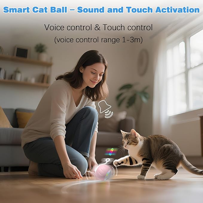 Cat Toys Interactive for Indoor Cats, Touch & Sound Smart Control - Fast Slow 2 Speed Motion Activated Cat Ball Toy for Bored Cats with LED Lights, Feathers Tail, USB Charging Cable, 6in1