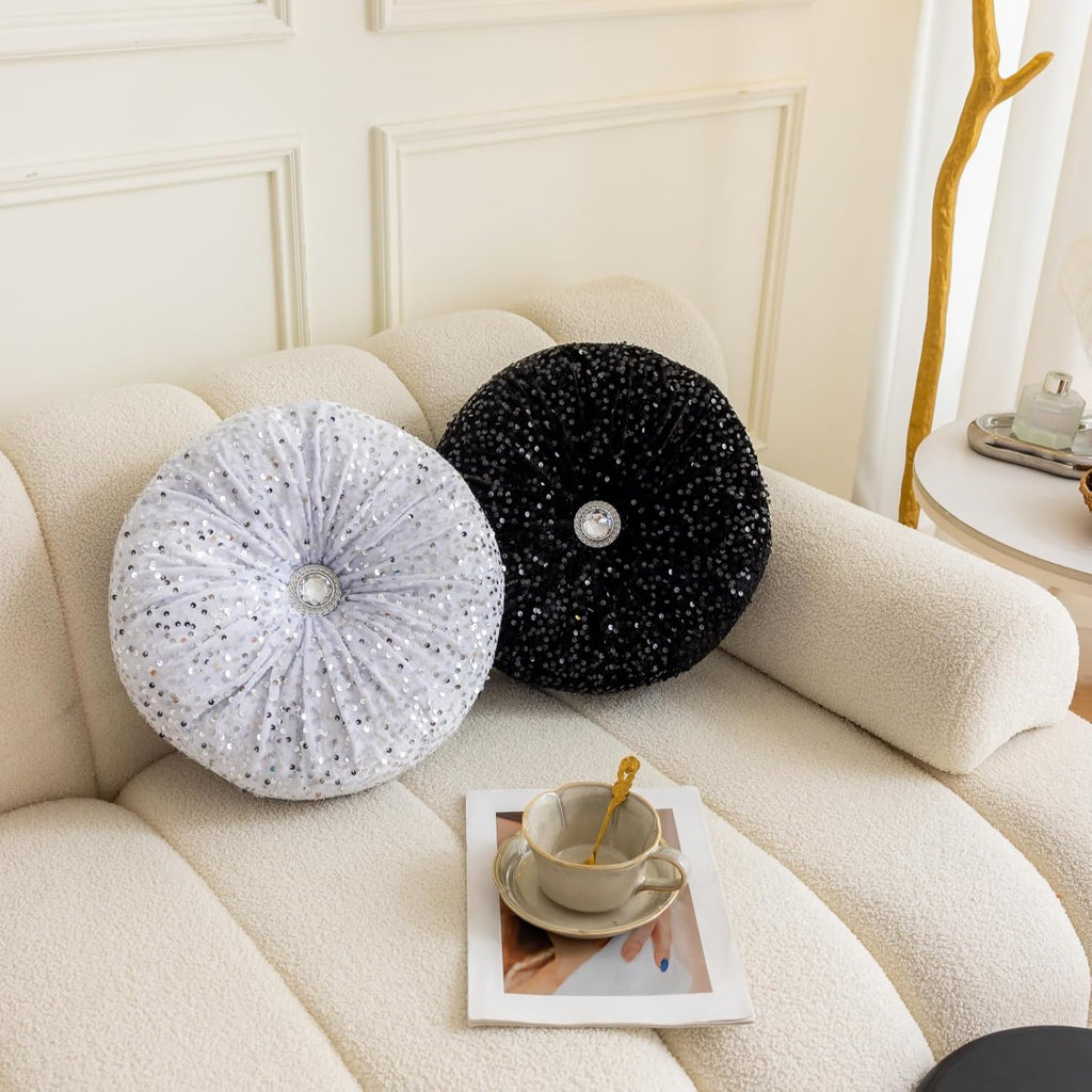 Round Throw Pillow, 13.7in Soft Solid Color Sequin Glitter Decorative Round Pillow Circle Floor Pillows Cushions for Sofa Bed Chair Living Room Floor Car Home Decoration, White
