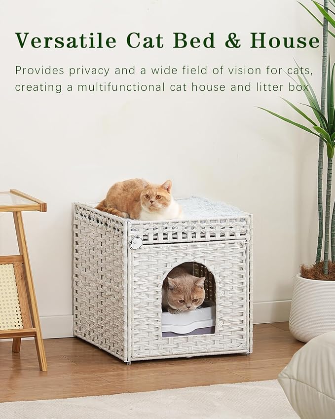 Cat Beds for Indoor Cats Extra Large Double Cat Cave Pet Cube, Handwoven Rattan Cat Houses with Double-Sided Soft Cushions, 18.5 x 20.5 x 19.1 Inches Foldable Hideaway in Living Room White