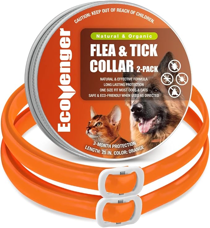 EcoVenger Flea & Tick Collar Repellent 2-Pack Orange, Fits Both Dogs & Cats, Built-in Pant-Based Formula Strong Repellency Slow Release, Lasting Deterrence and Protection, Pleasant Aroma, Waterproof