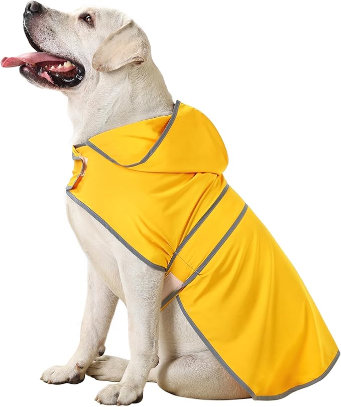 Dog Rain Coat for Large Dogs Waterproof Hooded Rain Jacket with Reflective Strips Leash Hole & Poncho Adjustable Fit (Yellow,XXL)