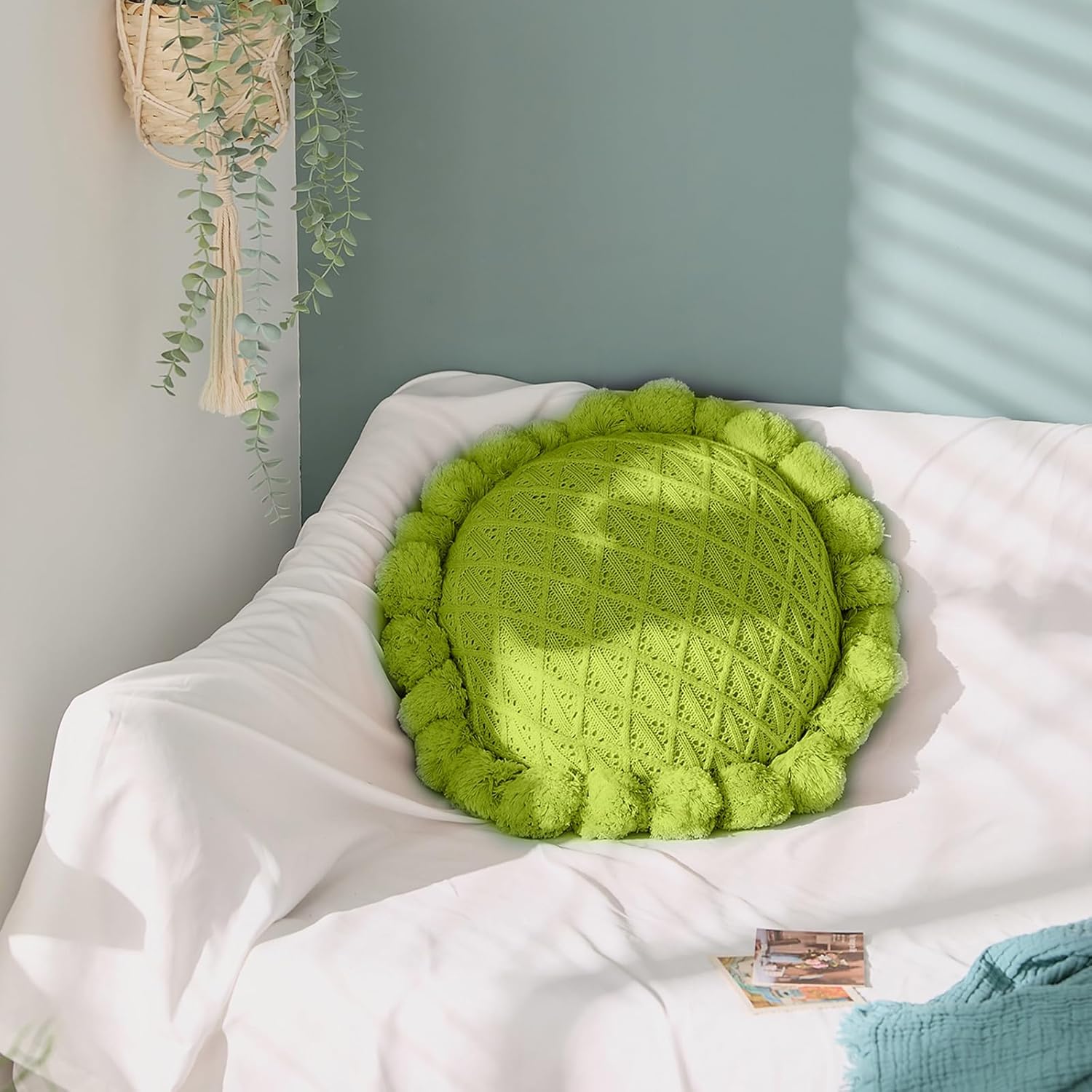 Acrylic Knitted Round Throw Pillow Knitting Bohemian Circular Cushion Pillow with Knit Handmade Pompoms Decorative Apple Green, Diameter 18inches