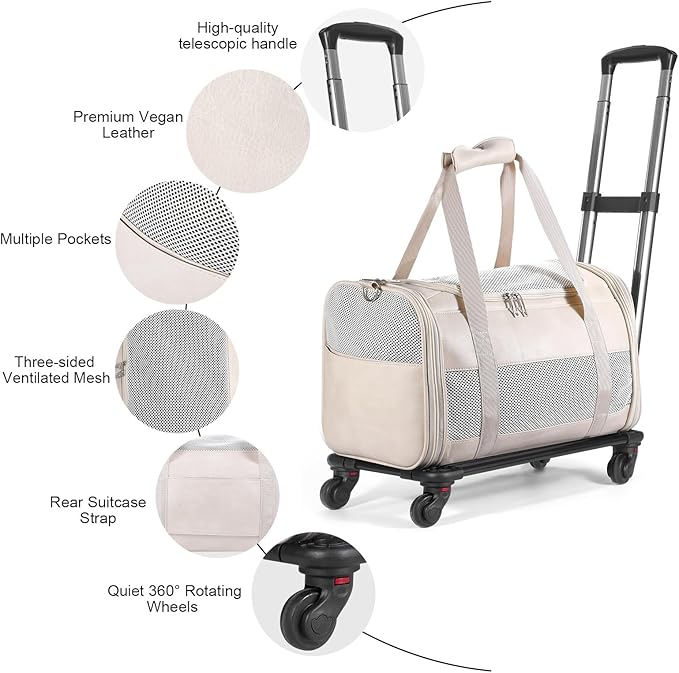 Airline Approved Pet Carrier with Wheels, Rolling Soft Sided Dog Cat Travel Bag, Premium Fashion Leather Small Pet Carrier Purse for Puppies and Cats White