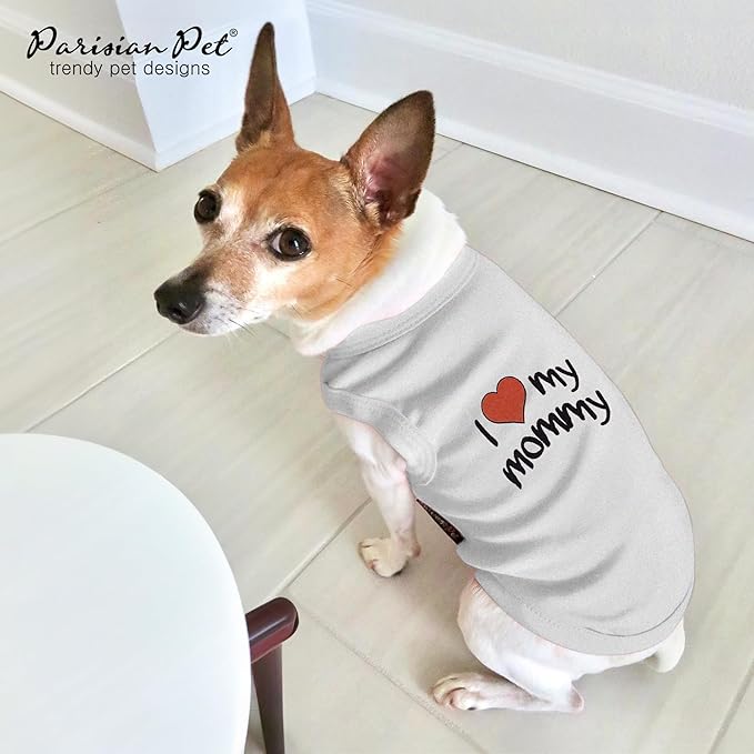Parisian Pet Unisex Dog T-Shirt with Embroidered 'I Love My Mommy' Words - 100% Cotton, I Love My Mom Shirt - Breathable Sleeveless Pet Vest - Grey Dog Shirts for Small Dogs, XS