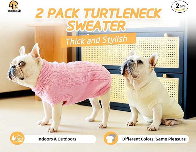 2 Pack Dog Sweaters for Small Dogs - Puppy Medium Warm Clothes in Winter, Turtleneck Pullover Design for Boy Girl Pet, Doggie, Cat, Kitten Chihuahua Bulldog Pug Beagles (M, Pink, Beige)