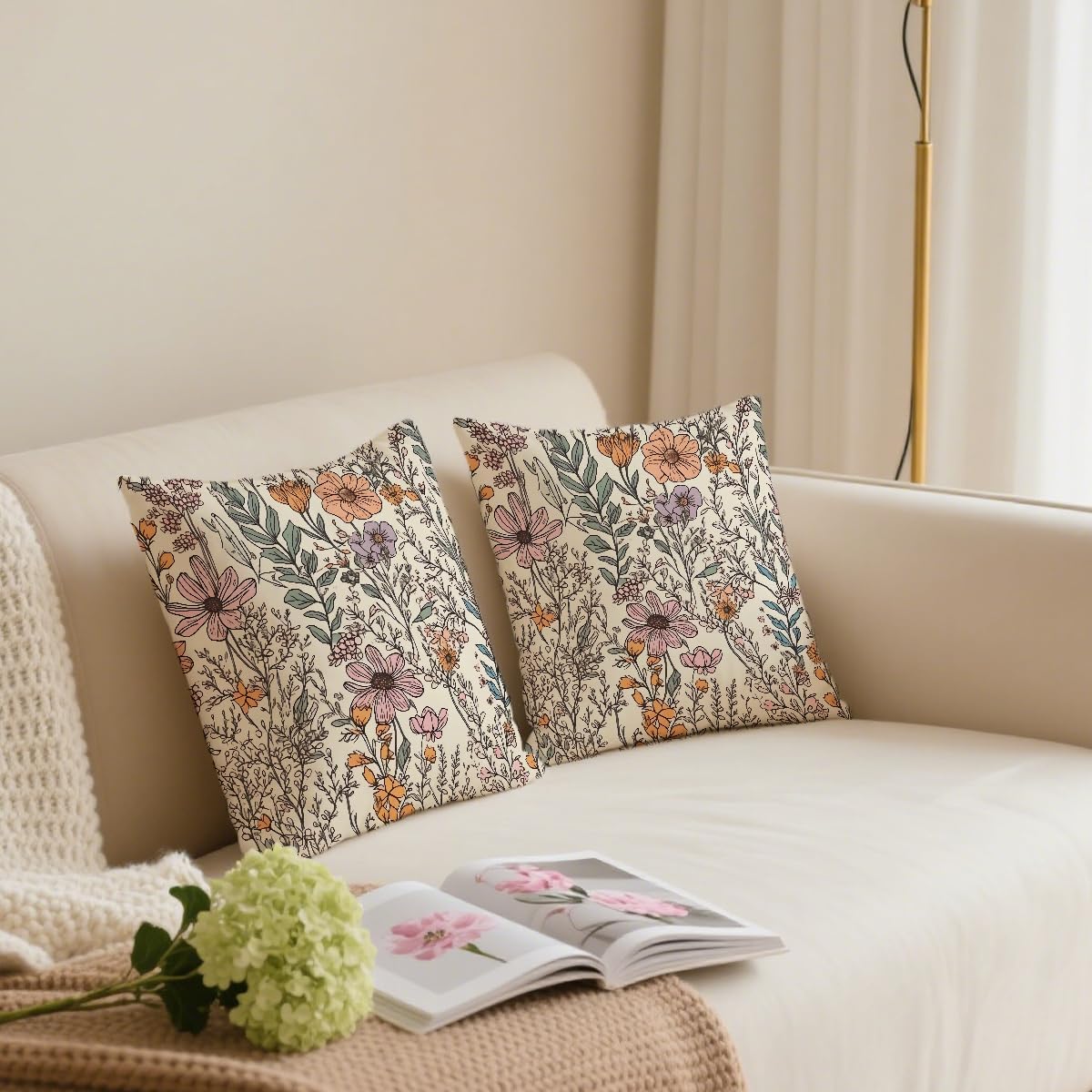 2 Pcs Vintage Floral Throw Pillow Covers, Spring Decorative Throw Pillow Cases Boho Cushion Covers Rustic Decoration for Couch Sofa Bed Bedroom Apartment Dorm Living Room Office Home Decor
