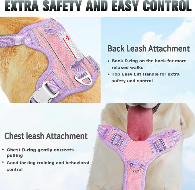 BARKBAY No Pull Dog Harness Large Reflective Dog Harness with Front Clip and Easy Control Handle for Walking Training Running with ID tag Pocket(Baby Pink & Violet Purple,XS)