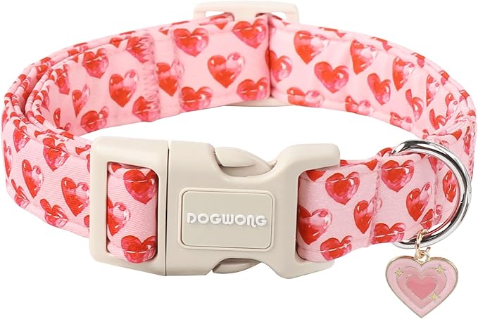 DOGWONG Valentine Dog Collar- Cute Pink Heart Dog Collars Adjustable Durable Designer Valentine’s Day Dog Collar for Small Medium Large Dogs L