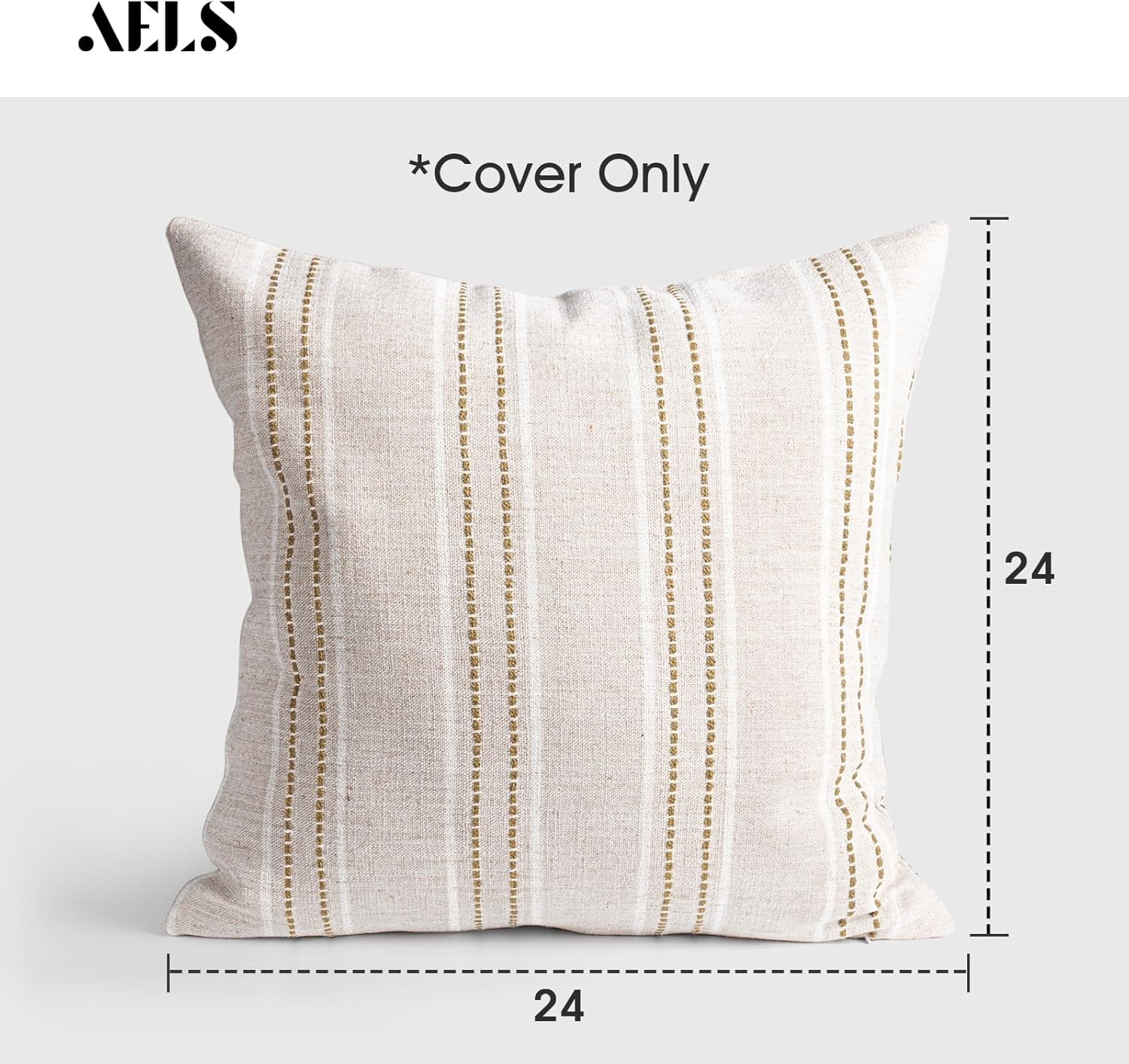 AELS 24x24 Decorative Farmhouse Linen Throw Pillow Covers, Boho Textured Pillow Case, Set of 2, Beige with White & Brown Stitch Yarn Dyed Stripe Cushion Cover for Sofa Couch Living Room (Cover ONLY)