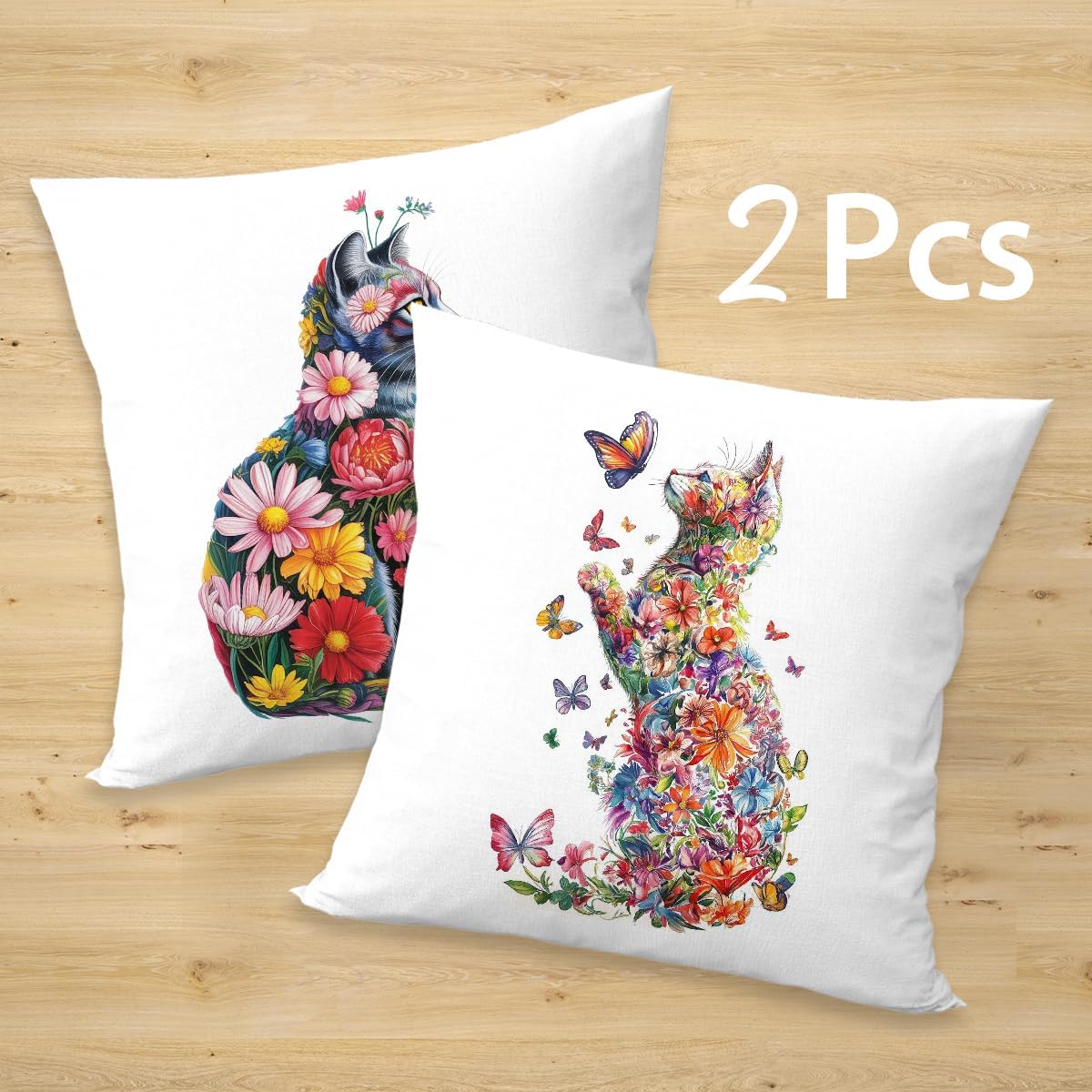 2 Pcs Flower Cat Pillow Covers, Cat Decor Cats Themed Gifts Throw Pillow Square Cushion Covers for Couch Sofa Bed Bedroom Apartment Dorm Living Room Office Home Decor