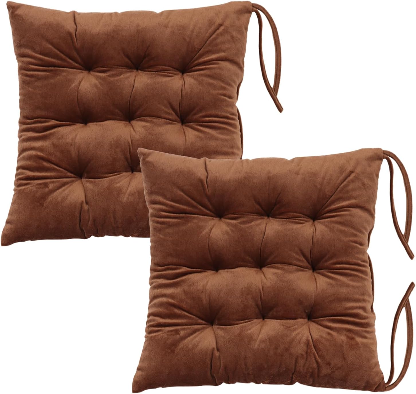 2 Pack Square Seat Cushion Chair Pads for Kitchen Dining Chairs, Soft Comfort Velvet Chair Mat Pillow Cushions with Ties for Office Desk Living Room Tatami 15.5", Coffee