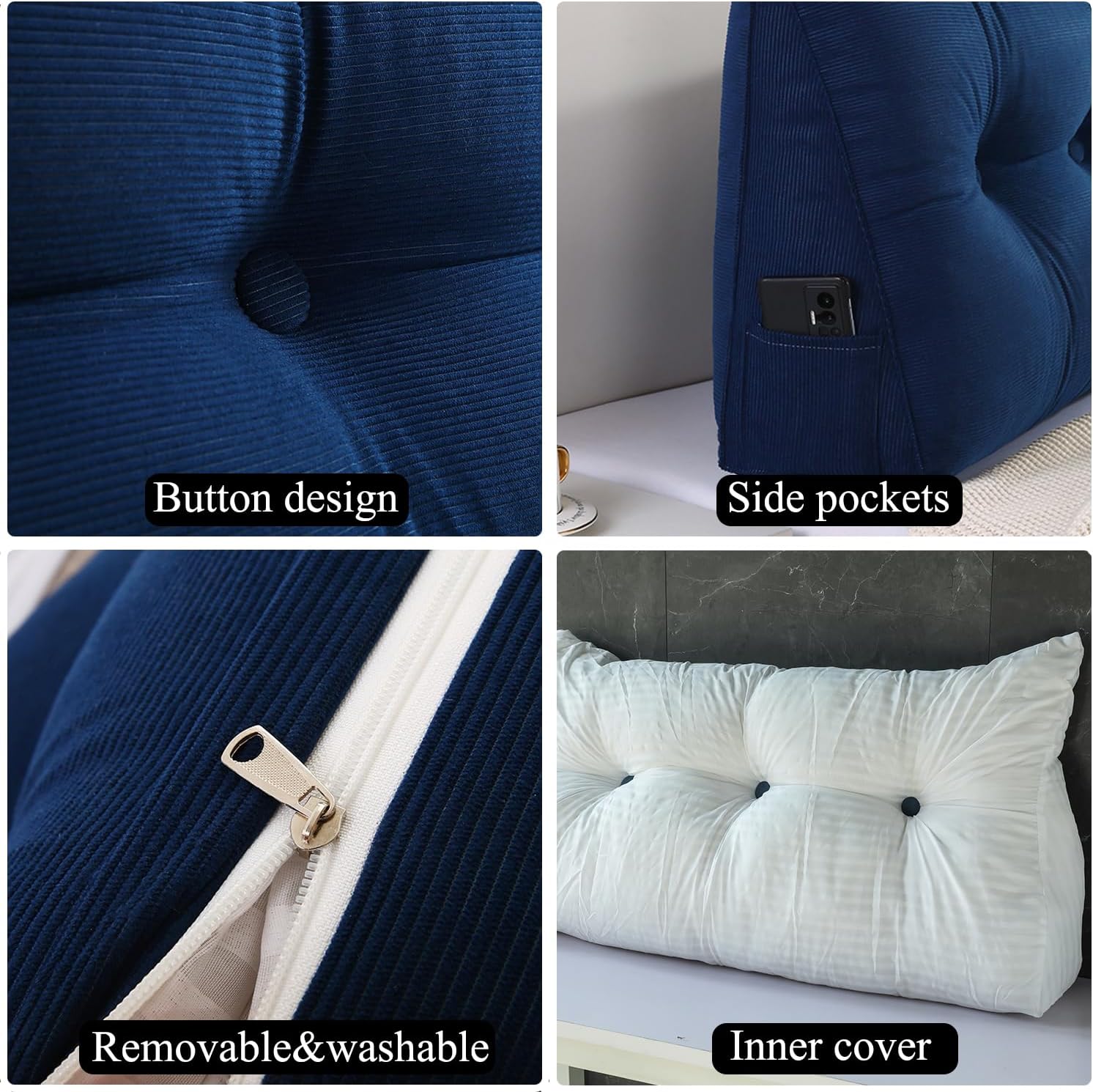Husband headboard Pillow Large Back Rest Support Reading Pillows for Sitting in Bed for Adults Triangle Velvet Wedge Pillow headboard Cal King Size, Blue