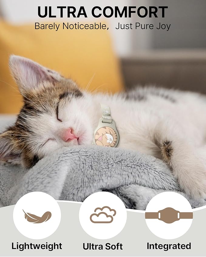 Cat Tracker Collar - Waterproof Airtag Cat Collar with Finder Tag (iOS ONLY), Compatible with Apple Find My, Breakaway Tractive Design with Reflective Pattern & Bell, Khaki(Not for Android Devices)