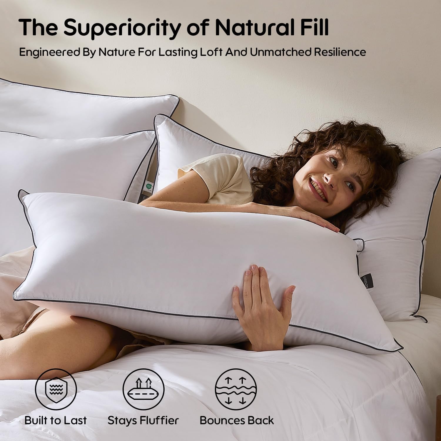 Goose Feather Down Fiber Pillows Queen Size Set of 2, Luxury 3-Chamber Pillows with Soft & Down-Proof Cover, Fluffy Plush Hotel Bed Pillows for Side, Back & Stomach Sleepers, 20"x30"