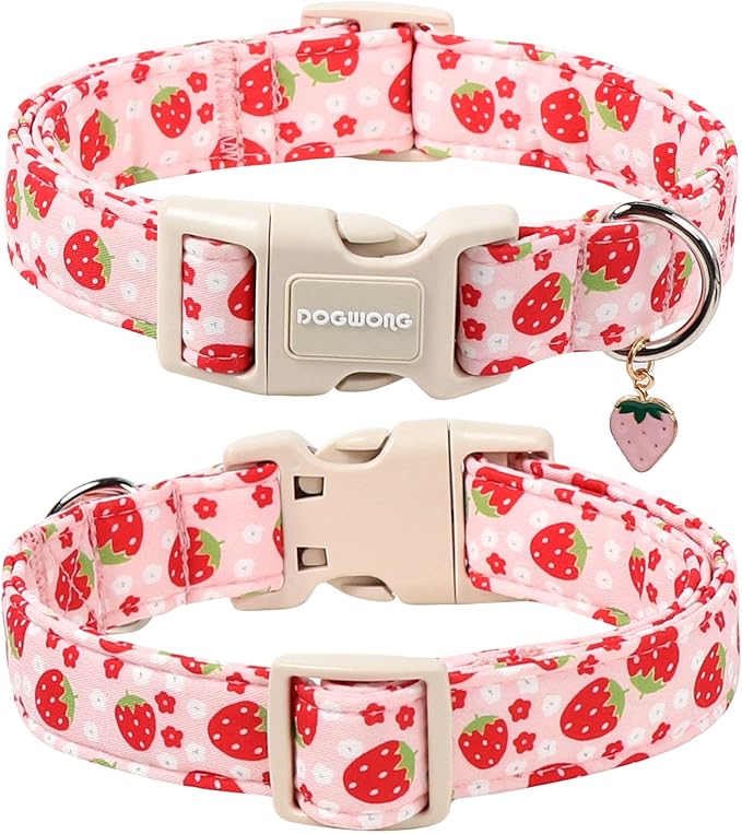 DOGWONG Cotton Handmade Daisy Flower Dog Collar Cute Pink Strawberries Dog Collars with Pendant for Girl Boy Dogs,L
