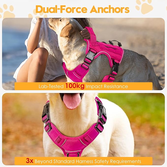 Heavy-Duty Tactical Dog Harness for Large Dogs, No Pull Adjustable Reflective Pet Vest with Molle System, K9 Military-Grade Control for Service Training, Outdoor & 10+ Breeds, Hot Pink, Medium