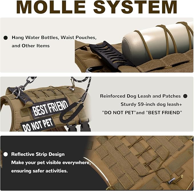 Tactical Dog Harness for Large Dogs,No Pull Adjustable Tactical Dog Harness and Leash Set,Reflective Dog Vest Harness for Training and Walking,Brown L