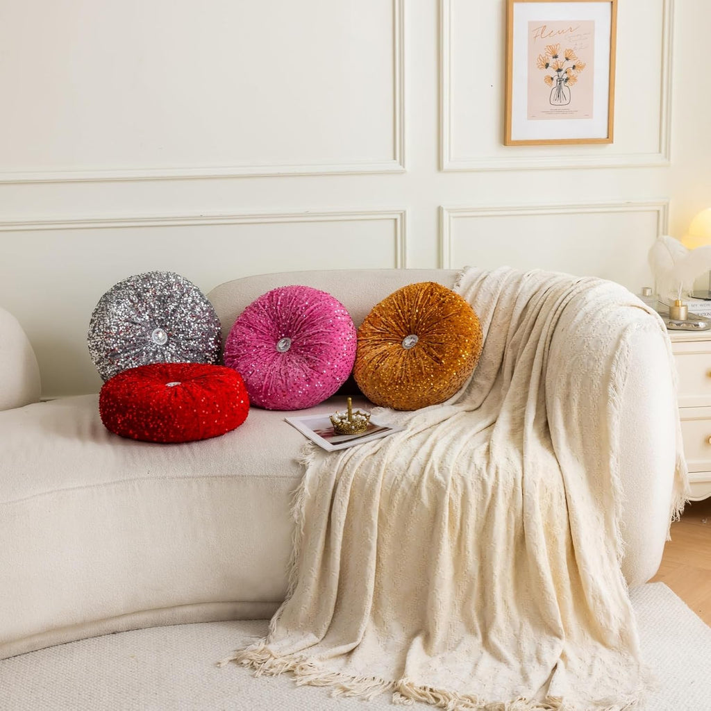 Round Throw Pillow, 13.7in Soft Solid Color Sequin Glitter Decorative Round Pillow Circle Floor Pillows Cushions for Sofa Bed Chair Living Room Floor Car Home Decoration, Red