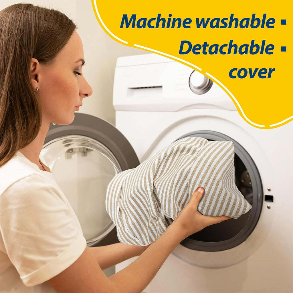 AAAAAcessories D-Shaped Chair Cushions, 2" Thick Dining Chair Pads with Ties and Removable, Machine-Washable Cover, 17" x 16", Set of 8, Natural Sand Pinstripe