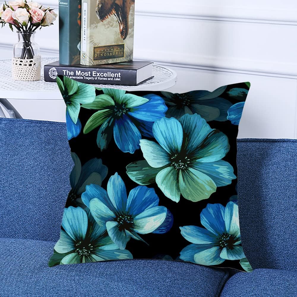 Decorative Square Throw Pillow Covers Hawaiian Style Blue Aqua Hibiscus Blossom Flower Pattern Couch Sofa Bed Pillow Covers Cushion Cases 18x18 inch