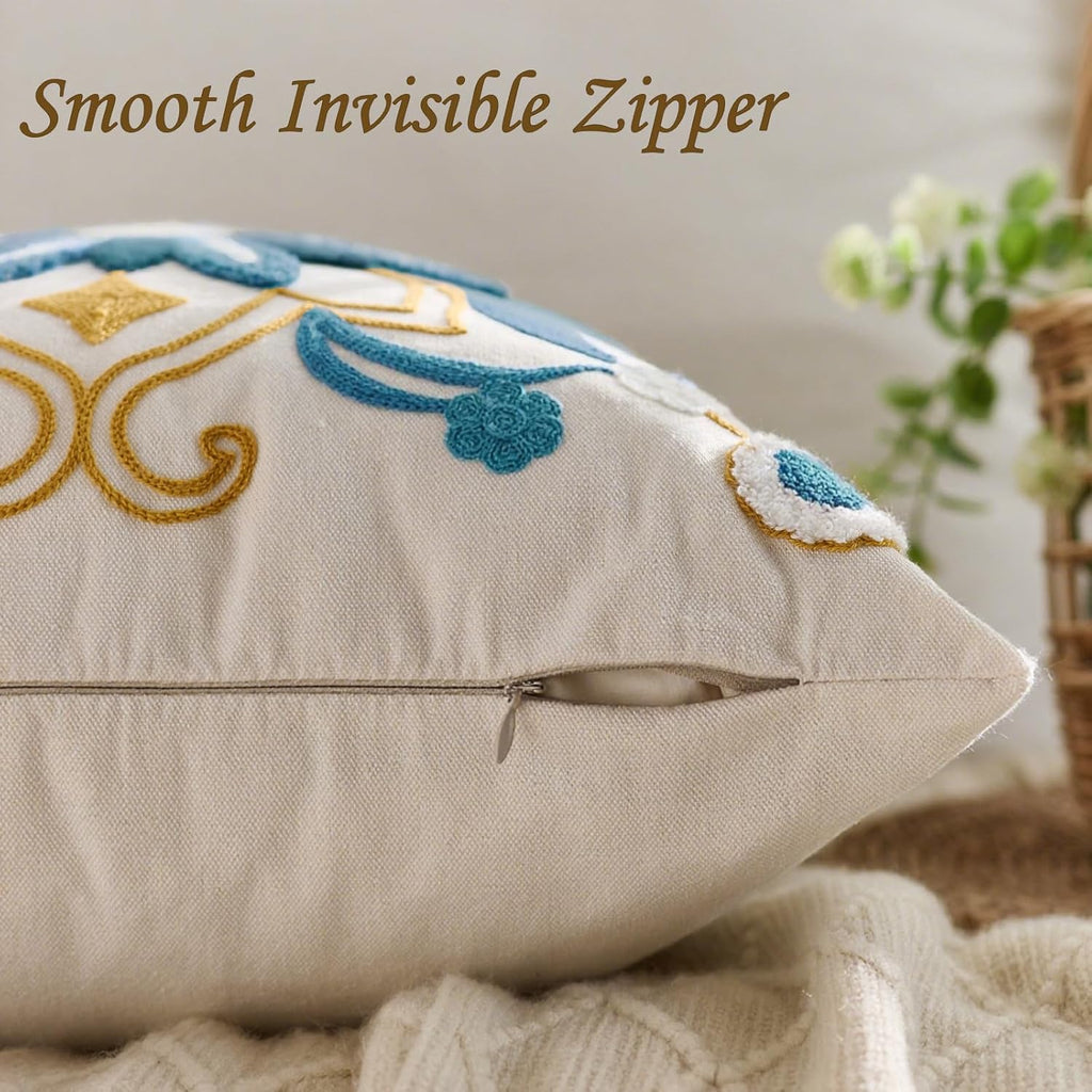 Embroidered Throw Pillow Cover 18x18 Classic Boho Floral Pattern Pillows Cover Outdoor Decorative Pillowcase,Durable Cozy Textured Cushion Case for Sofa Couch Bed Living Room,Teal