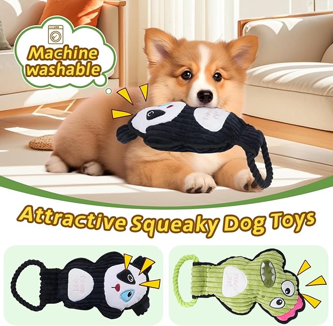 2-Pack Squeaky Dog Toys & Tough Tug of War Set - No Stuffing Chew-Resistant Plush Toys to Keep Them Busy, Best Birthday Gift for Small/Medium/Large Breeds (Panda & Dion)