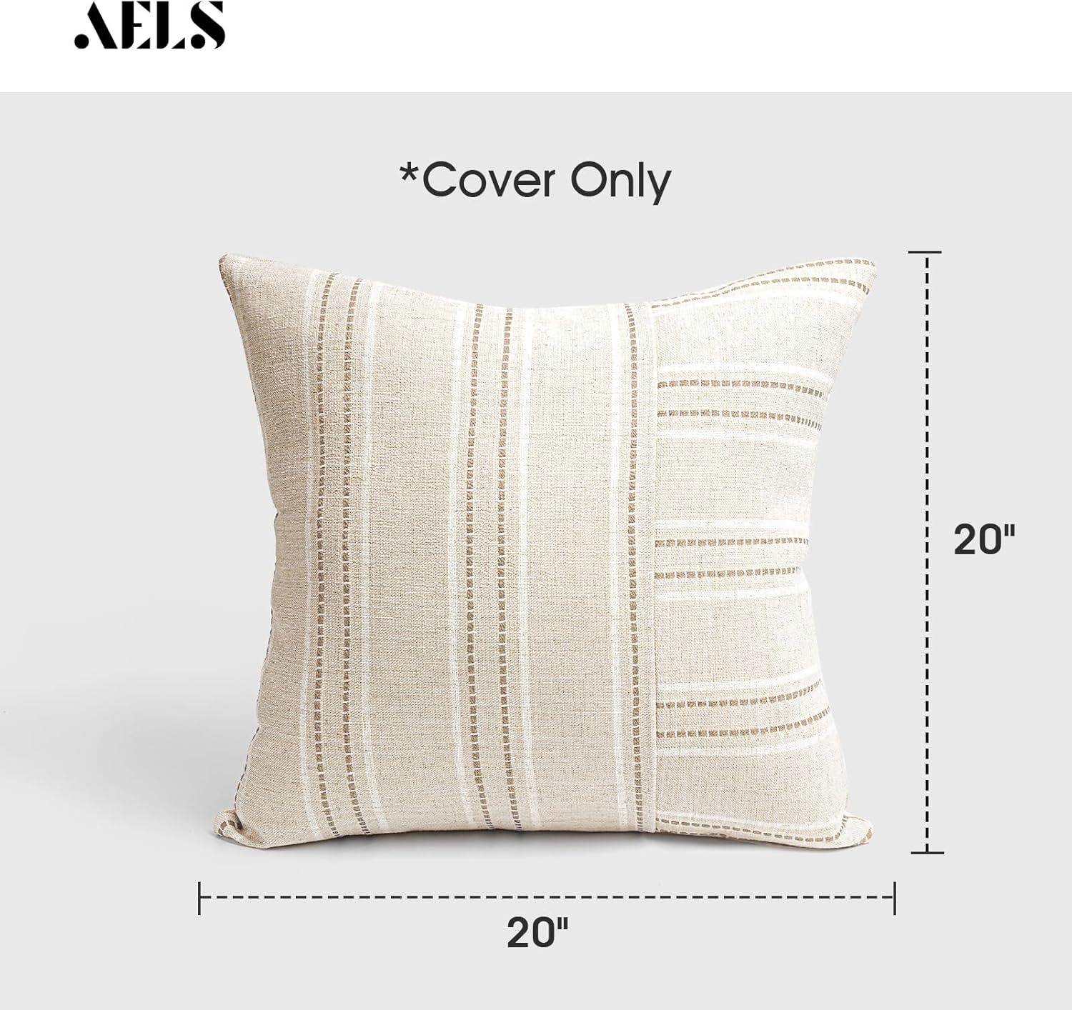 AELS 20x20 Decorative Farmhouse Linen Throw Pillow Covers, Boho Textured Pillow Case, Set of 2, Beige with White & Brown Stripe Patchwork Cushion Cover for Sofa Couch Living Room (Cover ONLY)