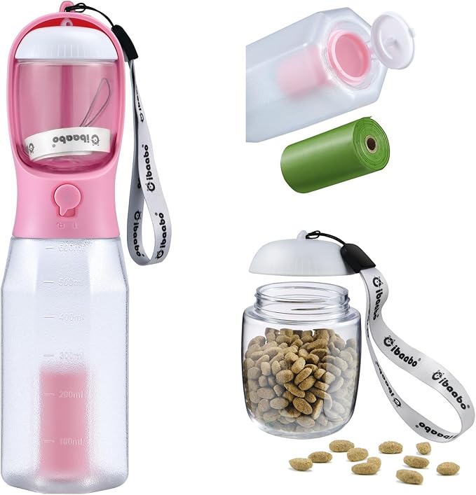 Dog Water Bottle with Food Container & Poop Bag Holder, Travel Water Bowl, Portable Pet Dispenser, Dog Gifts Stuff Accessories Items, Puppy Essentials for Yorkie Chihuahua Walking Hiking