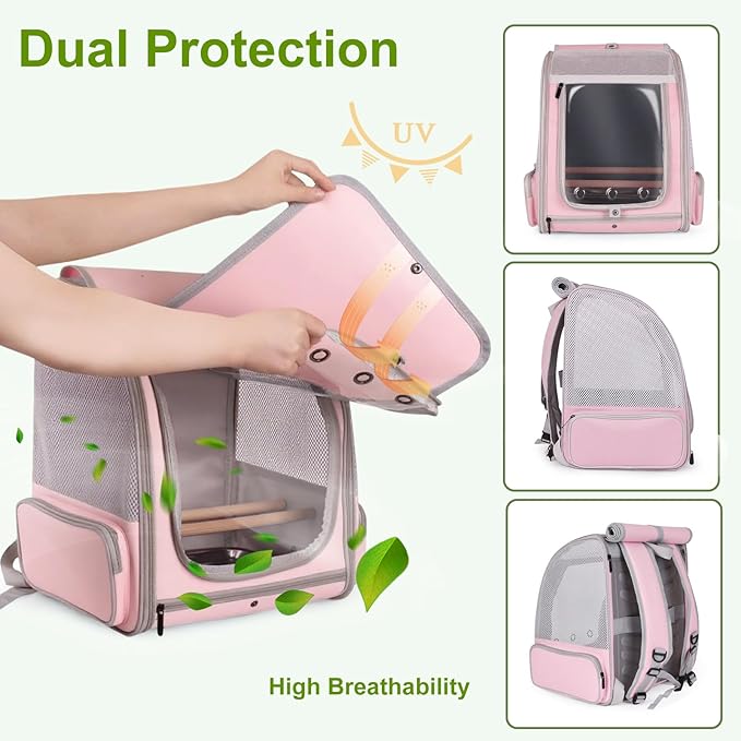 Parrot Carrier Backpack for Small to Medium Bird, Bird Travel Carrier Cage with Standing Perches and Metal Tray, Breathable Portable Transport Bag for Parakeet, Budgie, Conure, Cockatiel, Parrot
