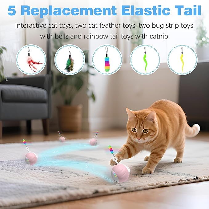 Cat Toys Interactive for Indoor Cats, Touch & Sound Smart Control - Fast Slow 2 Speed Motion Activated Cat Ball Toy for Bored Cats with LED Lights, Feathers Tail, USB Charging Cable, 6in1