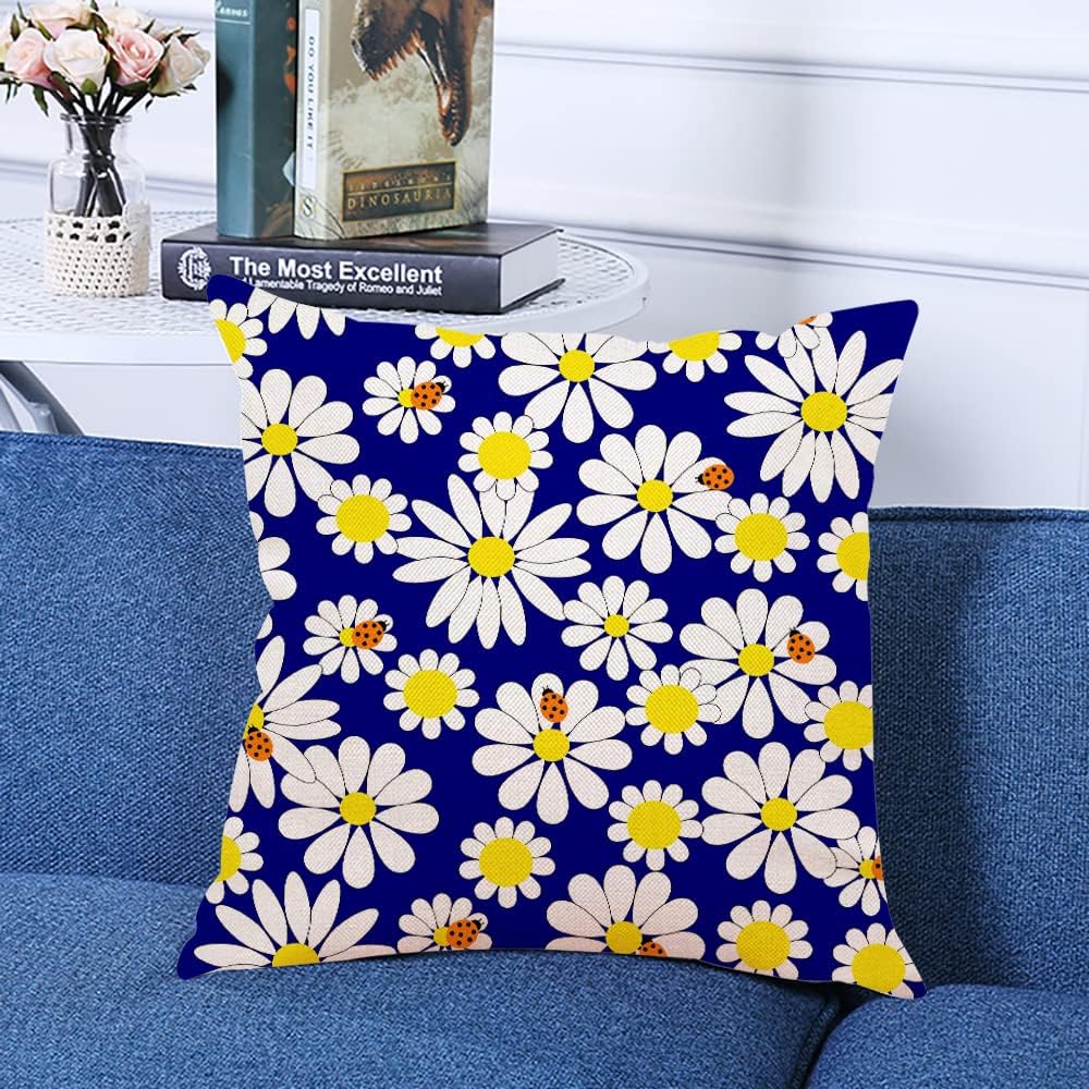 Decorative Square Throw Pillow Covers Daisies and Ladybugs Couch Sofa Bed Pillow Covers Cushion Cases 18x18 inch