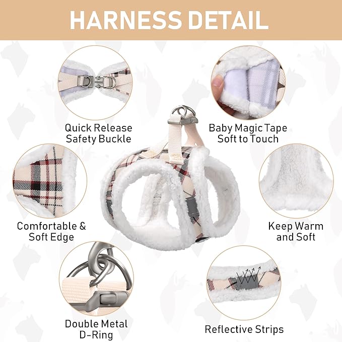 GAMUDA Small Dog Harness Collar and Leash Set, Step in No Chock No Pull Soft Mesh Adjustable Dog Vest Harnesses Plaid Reflective for Dogs Puppy Cats Kitten Rabbit (Warm Beige, XL)
