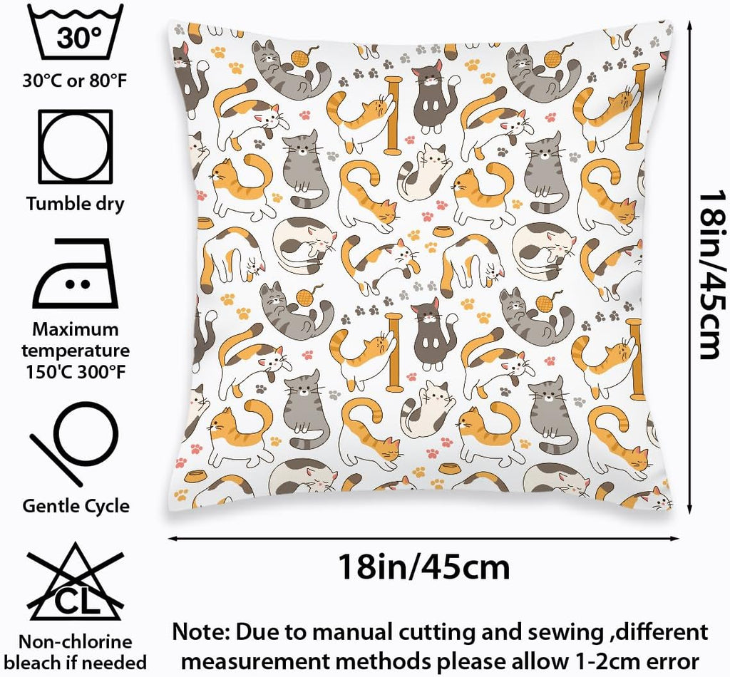 2 Pcs Throw Pillow Cover Lovely Multicolor Cartoon Cats Decorative Throw Pillow Case, Cartoon Geometric Kitten Square Decorative Cushion Cover for Couch Sofa Bedroom Living Room Office Home Decor