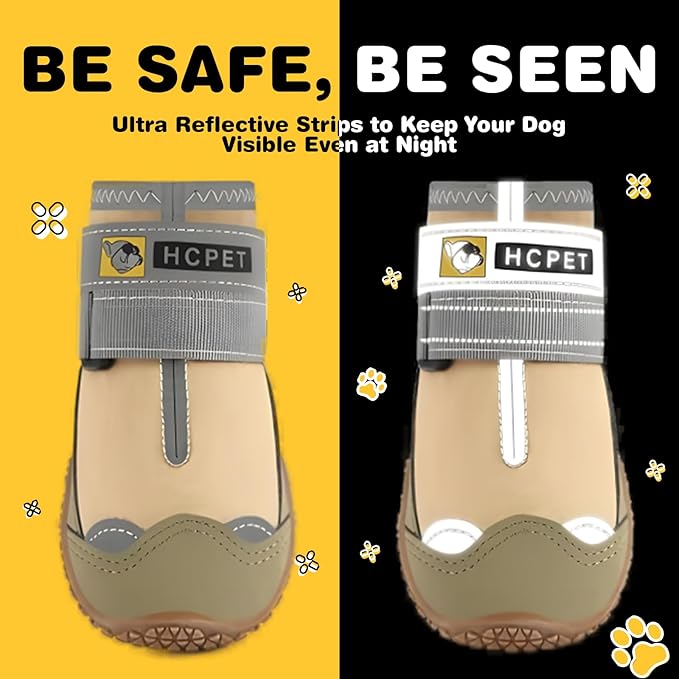 Hcpet Dog Shoes for Large Dogs, Waterproof Dog Booties for Small Medium Dogs, Anti-Slip Dog Boots & Paw Protectors for Hot Pavement Winter Snow Hiking with Reflective Straps Khaki Size 8