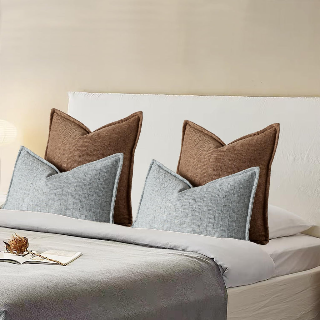 24x24 Linen Pillow Covers Brown Pack of 2 Farmhouse Boho Neutral Accents Striped Textured Square Decorative Throw Pillow Cases for Living Room Couch Bed Home Decor