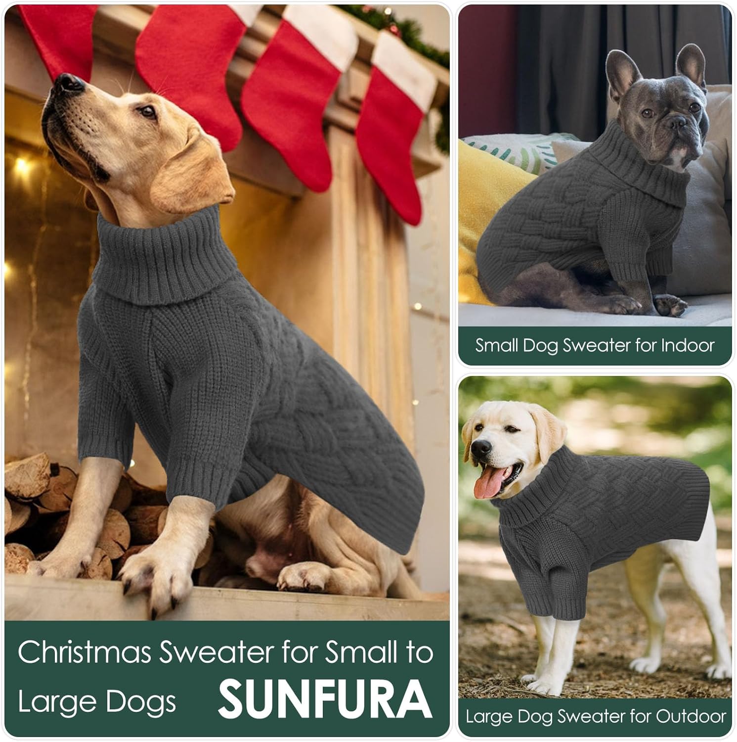 SUNFURA XS Dog Sweater, Small Dog Sweater Doggie Knitted Knitwear for Winter, Cat Pullover Christmas Sweatshirt for Yorkie Chihuahua, Warm Thick Turtleneck Clothes for Puppy, Grey X-Small