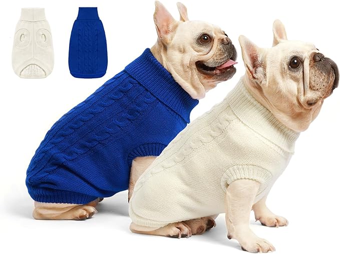 2 Pack Dog Sweaters for Small Dogs - Puppy Medium Warm Clothes in Winter, Turtleneck Pullover Design for Boy Girl Pet, Doggie, Cat, Kitten Chihuahua Bulldog Pug Beagles (S, Blue, Beige)