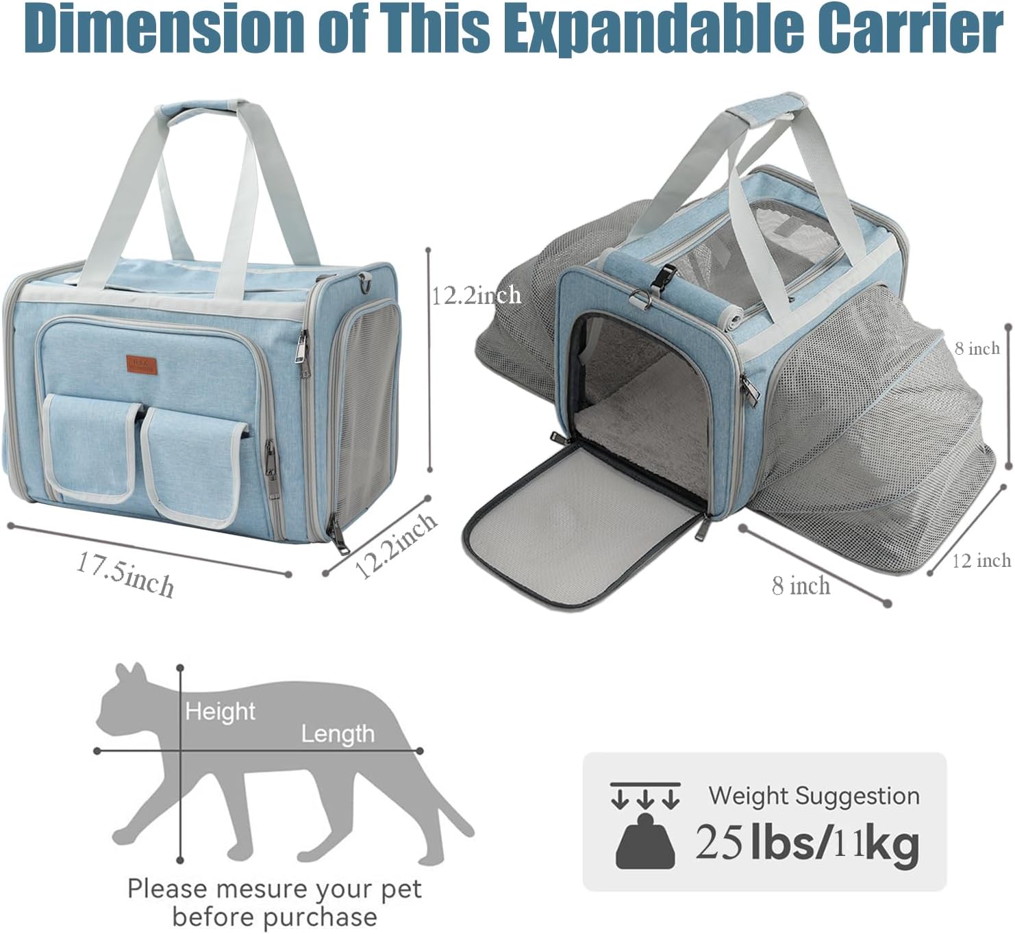 Cat Carriers Blue Soft Dogs Carrier Airline Approved Puppy Expandable Bag,Softsides,Expanded,Rabbit Bunny Pets Travel Bag Small Animals Outdoor Carry Kennel