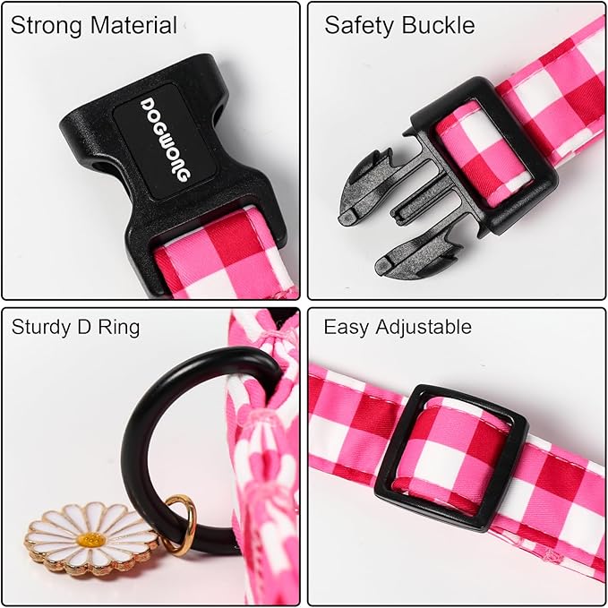 DOGWONG Pink Plaid Dog Collar- Cute Pink Checkered Dog Collar Girl Feamle Dogs Collars for Small Medium Large Dogs M