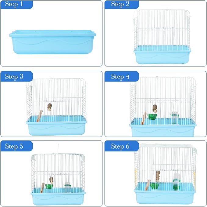 Small Bird Cage, Lightweight for Parakeets, Hanging for Parrot, Travel for Cockatiel, Outdoor Budgie, Pet Products Flat Top Economy Small Animal Cage with Stand Accessories with White Wire, Blue