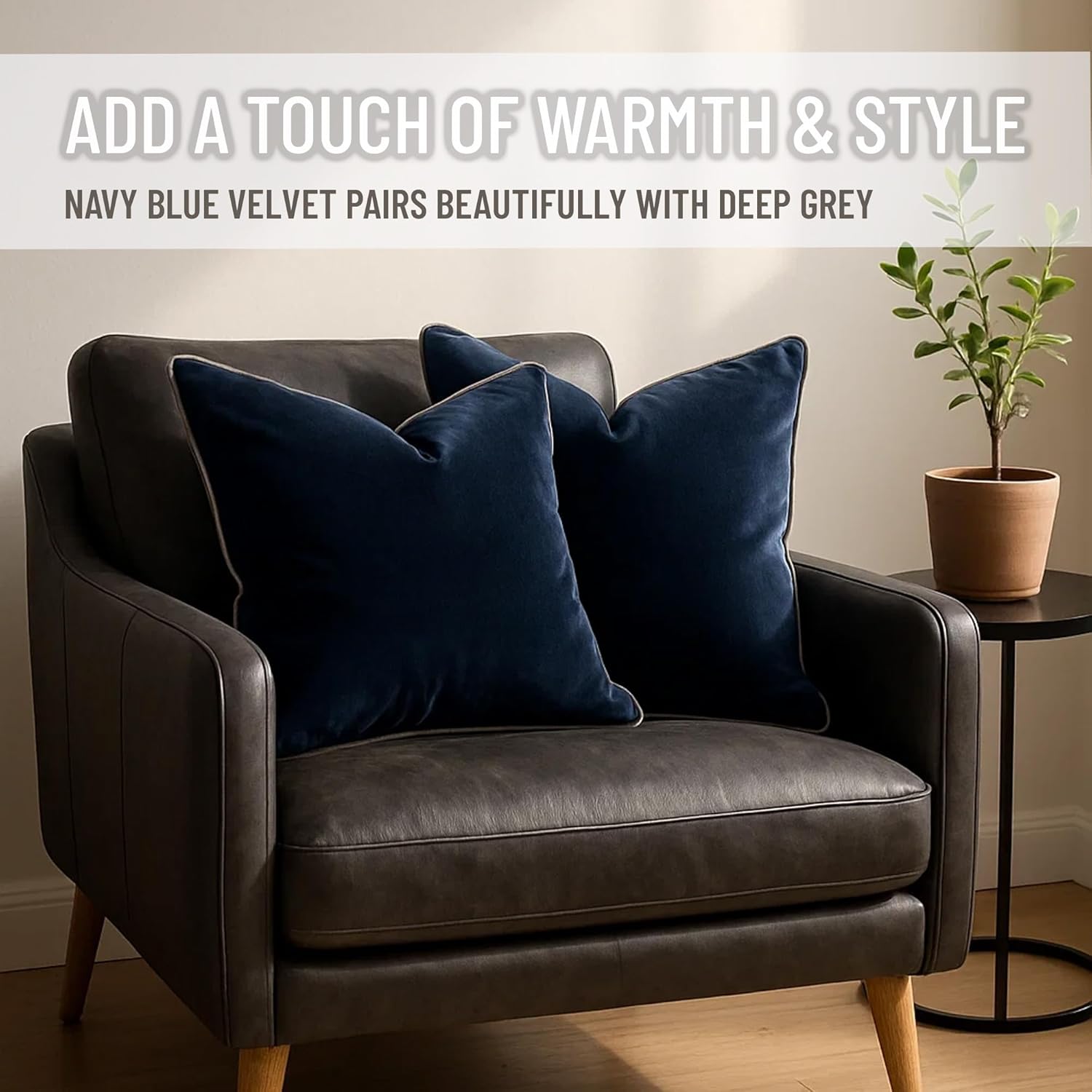 2 Pack Velvet Decorative Throw Pillow Covers, 18"x18", Navy Blue and Grey, Solid, Modern, Contrast Piping, Indoor Use, Bedroom & Living Room