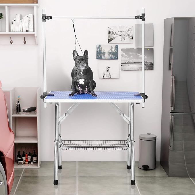 Dog Pet Grooming Table for Large Dogs Adjustable Height Heavy Duty Professional Portable Trimming Table with Arm/Noose/Mesh Tray, Maximum Capacity Up to 330 LBS, 42''/Blue
