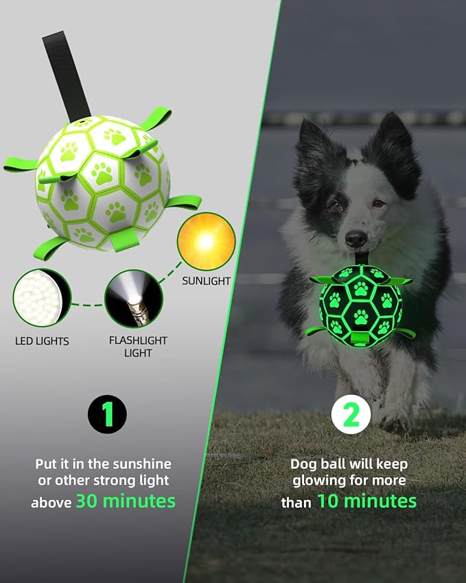 QDAN Premium Glow in The Dark Dog Toys, Dog Ball with Straps, Soccer Ball for Dogs, Outdoor Dog Toys, Pet Birthday Toys, Puppy Essentials for Small to Medium (6Inch)