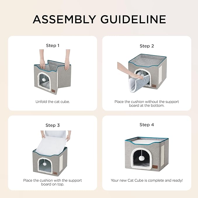 Bedsure Large Cat Beds for Indoor Cats - Extra Wide Cat Cube House for Small Pet with Fluffy Ball Hanging and Scratch Pad, Foldable Pet Cave Hideaway for Multiple Cats, 23.6x16.9x13 inches,Red